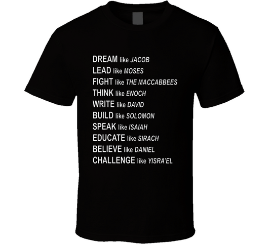 Dream Like Jacob Lead Like Moses Fight Like Maccabbees Think Like Enoch Build Like Solomon Speak Like Isaiah Religious T Shirt