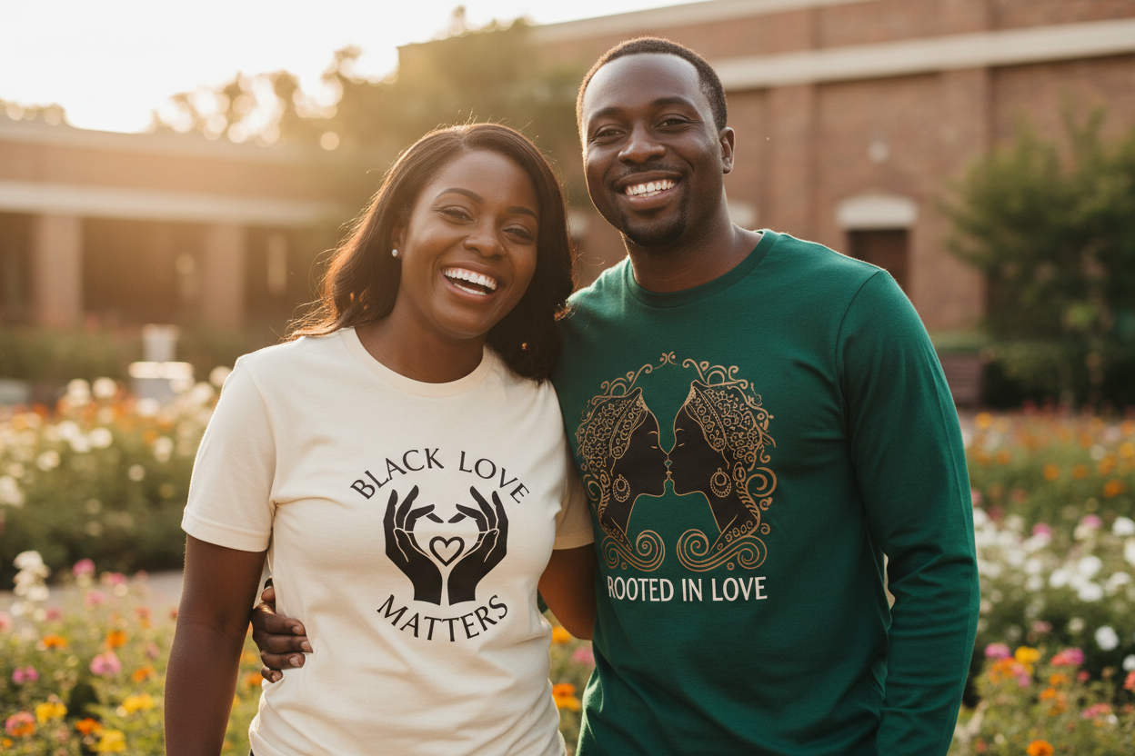 black couple wearing shirts that represent black love